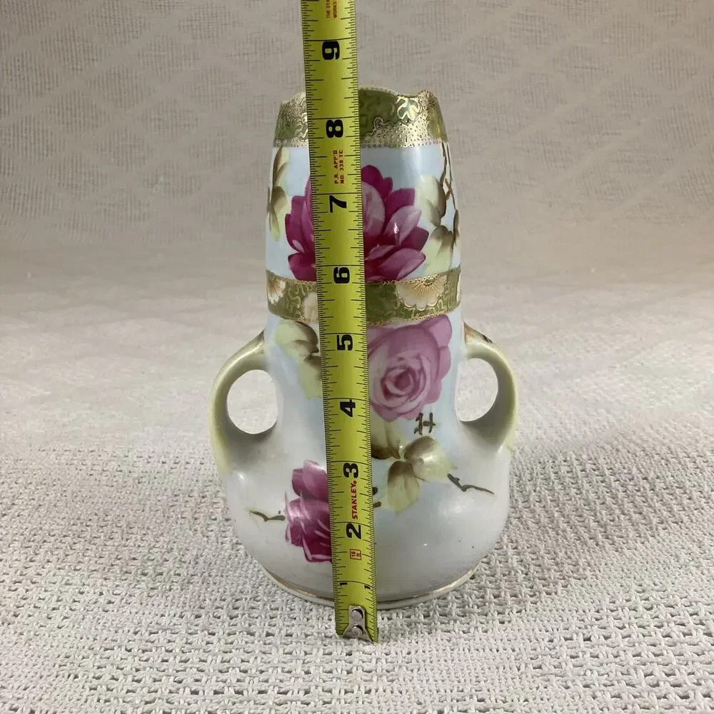 Nippon Vase Jug 2 Handled Hand Painted Pink Rose Green & Gold 8